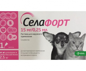 Cелафорт (KRKA) 15мг/0,25мл капли (1пип) от блох, против кожных  клещей и глистов для кошек и собак до 2,5кг (ЛИЦЕНЗИЯ) фото