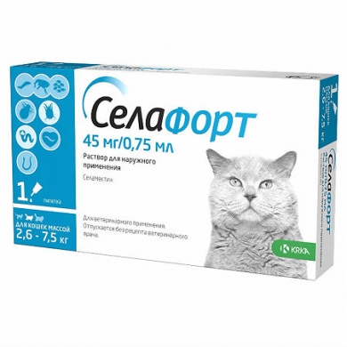 Cелафорт (KRKA) 45мг/0,75мл капли (1пип) от блох, против кожных клещей и глистов для кошек 2,6-7,5кг (ЛИЦЕНЗИЯ) фото