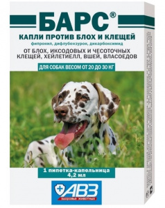 Барс (АВЗ) (1пип) капли от блох, клещей, хейлетиелл, вшей, власоедов для собак 20-30 кг (ЛИЦЕНЗИЯ) фото