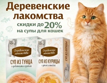 Деревенские лакомства: скидка 20% на супы для кошек