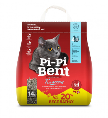 Наполнитель (Pi-Pi-Bent) 5кг Classic (бумажный крафт-пакет) комкующийся для кошек + 1кг в подарок
