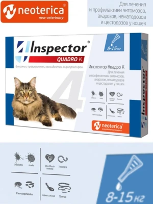 Капли (Inspector) Quadro (1 пип) инсектицидные от внешних и внутренних паразитов, для кошек 8-15кг (40) (ЛИЦЕНЗИЯ) фото