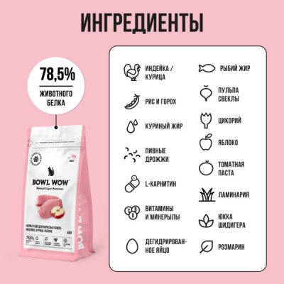 Bowl Wow 0,4кг с индейкой и яблоком сухой для кошек (660958) фото
