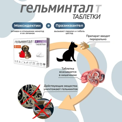 Гельминтал Т 2таб. антигельминтик для собак  до 10кг, 1таб./2-5кг (ЛИЦЕНЗИЯ) фото