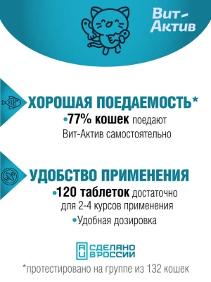 Вит-Актив  активная кормовая добавка К-И для кастрированных котов и кошек 120табл для кошек фото