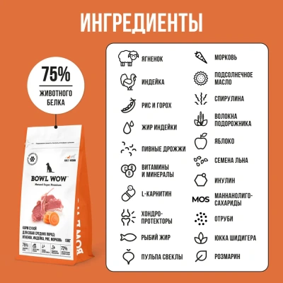 Bowl Wow 10кг ягненок, индейка с рисом и морковью сухой для собак средних пород  (661849) фото