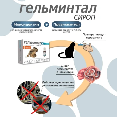 Гельминтал сироп:  5мл антигельминтик для кошек более 4кг, 1мл/2кг (ЛИЦЕНЗИЯ) фото