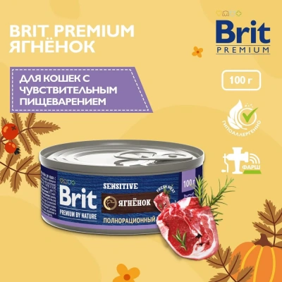 Brit Premium by Nature 0,1кг с мясом ягнёнка консервы для кошек с чувствительным пищеварением (51298) фото