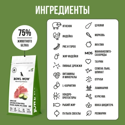 Bowl Wow 0,8кг ягненок, индейка с рисом и цукини сухой для собак крупных пород  (662129) фото
