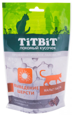 TiTBiT хрустящие подушечки для кошек с говядиной для выведения шерсти (60 г х 6 упак)