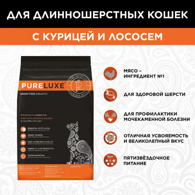 PURELUXE 18,14кг Элитное Питание для кошек длинношерcтных с курицей и лососем (939785)