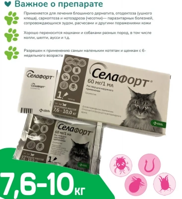 Cелафорт (KRKA) 60мг/1мл капли (1пип) от блох, против кожных клещей и глистов для кошек 7,6-10,0кг (ЛИЦЕНЗИЯ) фото