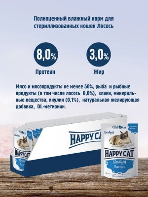 Happy Cat 0,085кг лосось кусочки в желе для стерилизованных кошек (402977) фото
