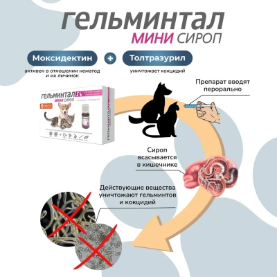 Гельминтал Мини сироп 5мл антигельминтик для щенков и котят, 1мл/2кг (ЛИЦЕНЗИЯ) фото