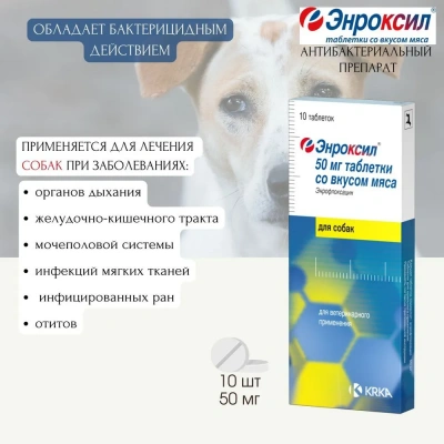 Энроксил (KRKA) 50мг противомикробный препарат (со вкусом мяса), 10таб. (ЛИЦЕНЗИЯ) фото