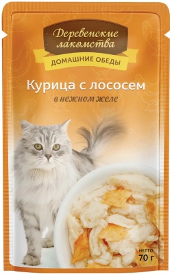 Деревенские лакомства 0,07кг Домашние обеды курица с лососем в желе пауч для кошек (74500639) фото