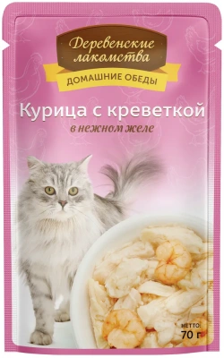 Деревенские лакомства 0,07кг Домашние обеды курица с креветкой в нежном желе для кошек (74500622) фото