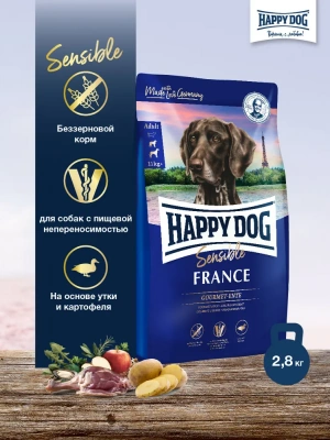 Happy Dog Supreme Sensible France 2,8кг утка с картофелем монобелок сухой для собак средних и крупных пород при пищевой аллергии