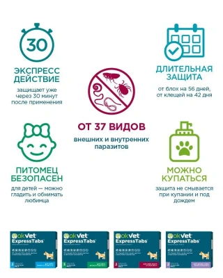 Оквет ЭкспрессТабс табл. от клещей, блох, вшей и гельминтов для собак от 30 кг до 60 кг (ЛИЦЕНЗИЯ) фото