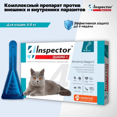 Капли (Inspector) Quadro К (1пип) от блох, клещей и глистов для кошек от 4 до 8кг (ЛИЦЕНЗИЯ) фото