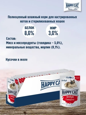 Happy Cat 0,085кг говядина кусочки в соусе для стерилизованных кошек (402649) фото