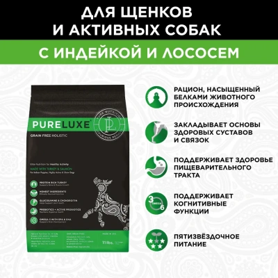 PURELUXE 9,98кг Элитное Питание для собак активных с индейкой и лососем (939532) фото