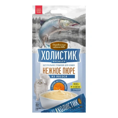 Деревенские лакомства 4х0,01кг Холистик Премьер Нежное пюре из лосося с икрой летучей рыбы для кошек фото