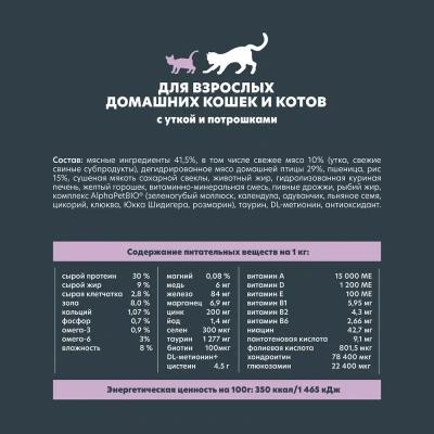 AlphaPet WOW (АльфаПет) 0,35кг с уткой и потрошками сухой для кошек (651539) фото