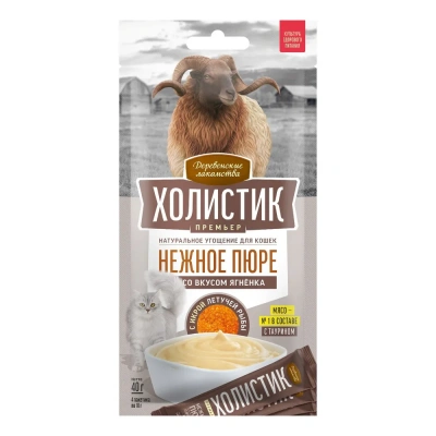 Деревенские лакомства 4х0,01кг Холистик Премьер Нежное пюре со вкусом ягненка и с икрой летучей рыбы для кошек фото