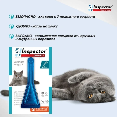 Inspector Quadro К (3пип) капли от блох, клещей и глистов для кошек от 4 до 8кг (ЛИЦЕНЗИЯ) фото