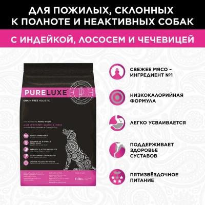 PURELUXE 18,14кг Элитное Питание для собак норм веса с индейкой, лососем и чечевицей (939662)