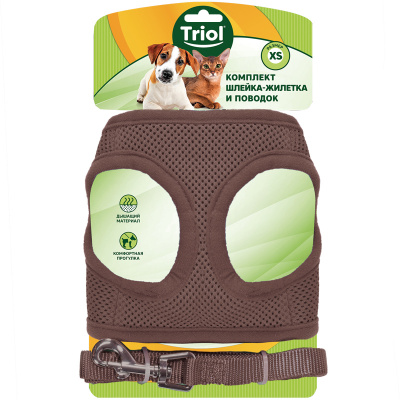 Комплект (Triol) HL03XS шлейка мягкая (грудь 30см) + поводок 1,5*120см, коричневая фото