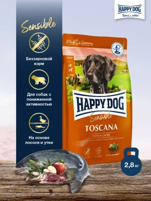 Happy Dog Supreme Toscana 2,8кг утка лосось сухой для собак средних и крупных пород с чувствительным пищеварением и избыточным весом (117202)