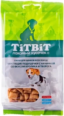 TiTBiT 0,095кг хрустящие подушечки с начинкой со вкусом кролика и творога для щенков 