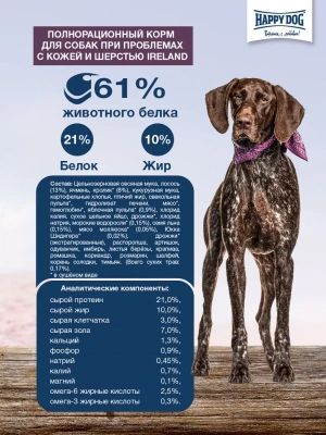 Happy Dog Supreme Sensible Ireland 2,8кг лосось кролик сухой для собак средних и крупных пород  улучшение состояния кожи и шерсти  фото