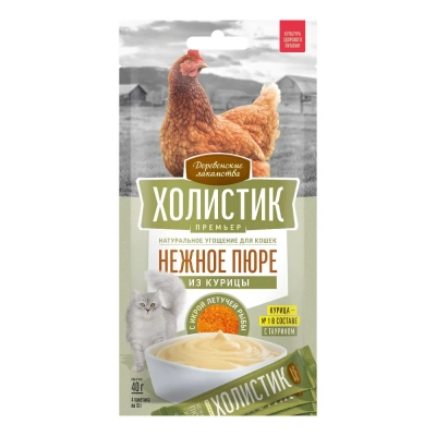 Деревенские лакомства 4х0,01кг Холистик Премьер Нежное пюре из курицы с икрой летучей рыбы для кошек фото